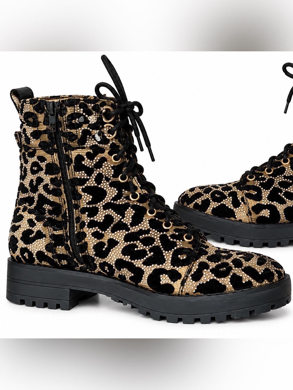 Gianni Bini Rhinestone Leopard Combat Boots Black Gold 9.5 NWOT